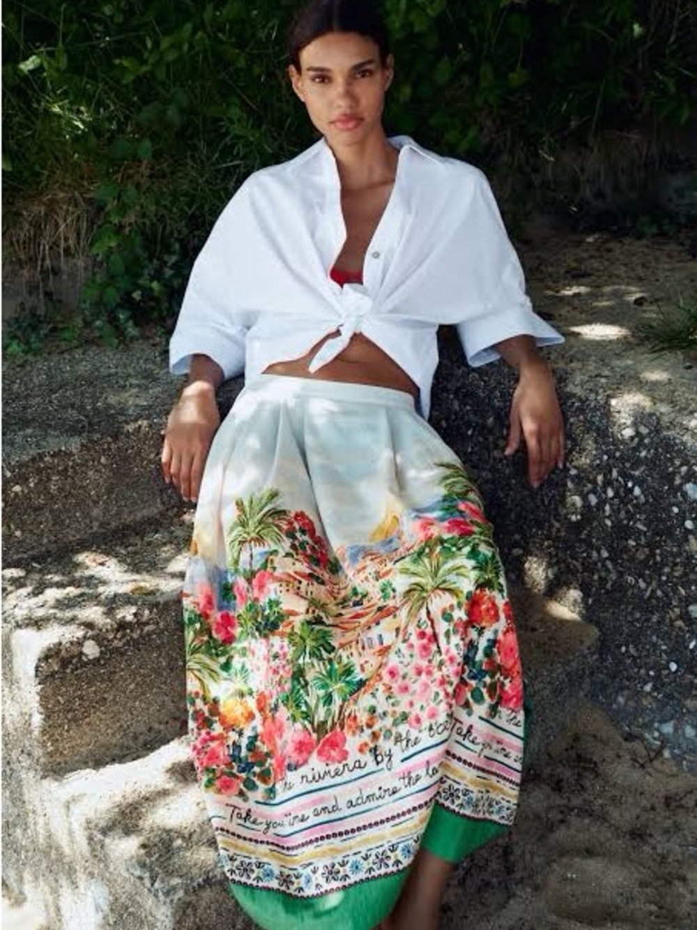Zara White Midi Skirt with Green, Pink and Red Tropical Print